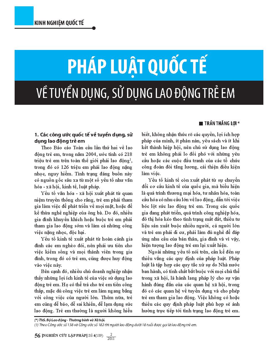 Pháp luật quốc tế về tuyển dụng, sử dụng lao động trẻ em