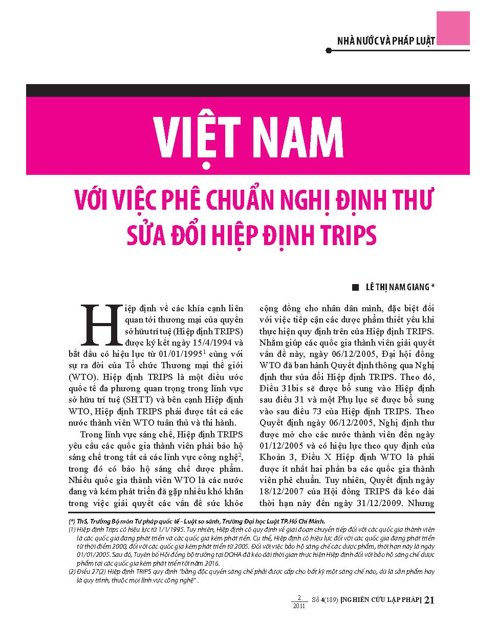 Việt Nam với việc phê chuẩn nghị định thư sửa đổi hiệp định Trips