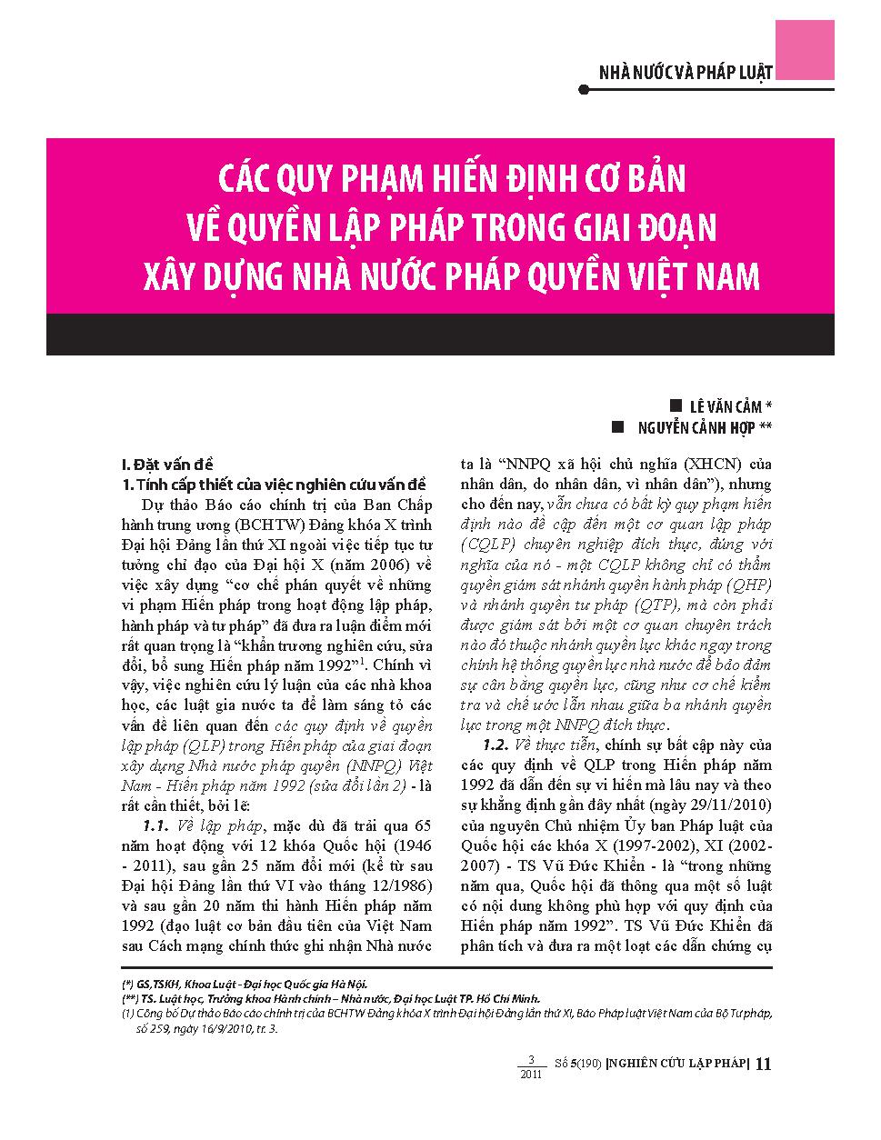 Các quy phạm hiến định cơ bản về quyền lập pháp trong giai đoạn xây dựng nhà nước pháp quyền Việt Nam