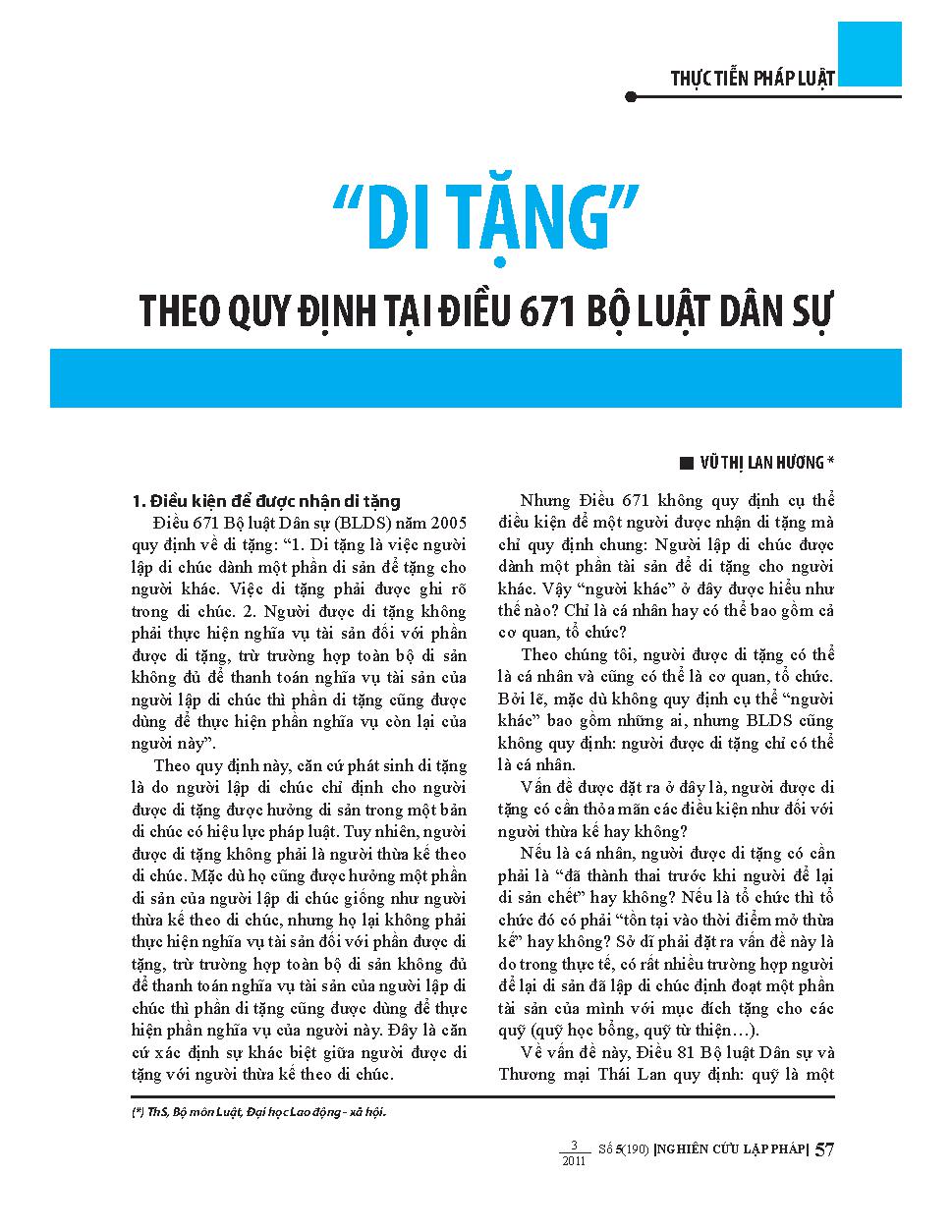 Di tặng theo quy định tại điều 671 bộ luật dân sự