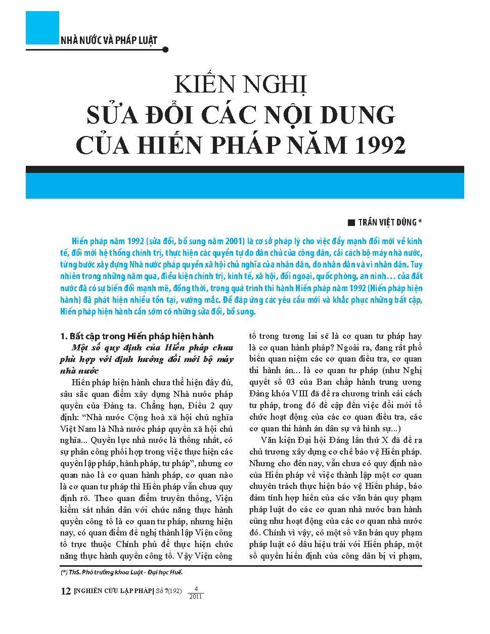 Kiến nghị sửa đổi các nội dung của Hiến pháp 1992