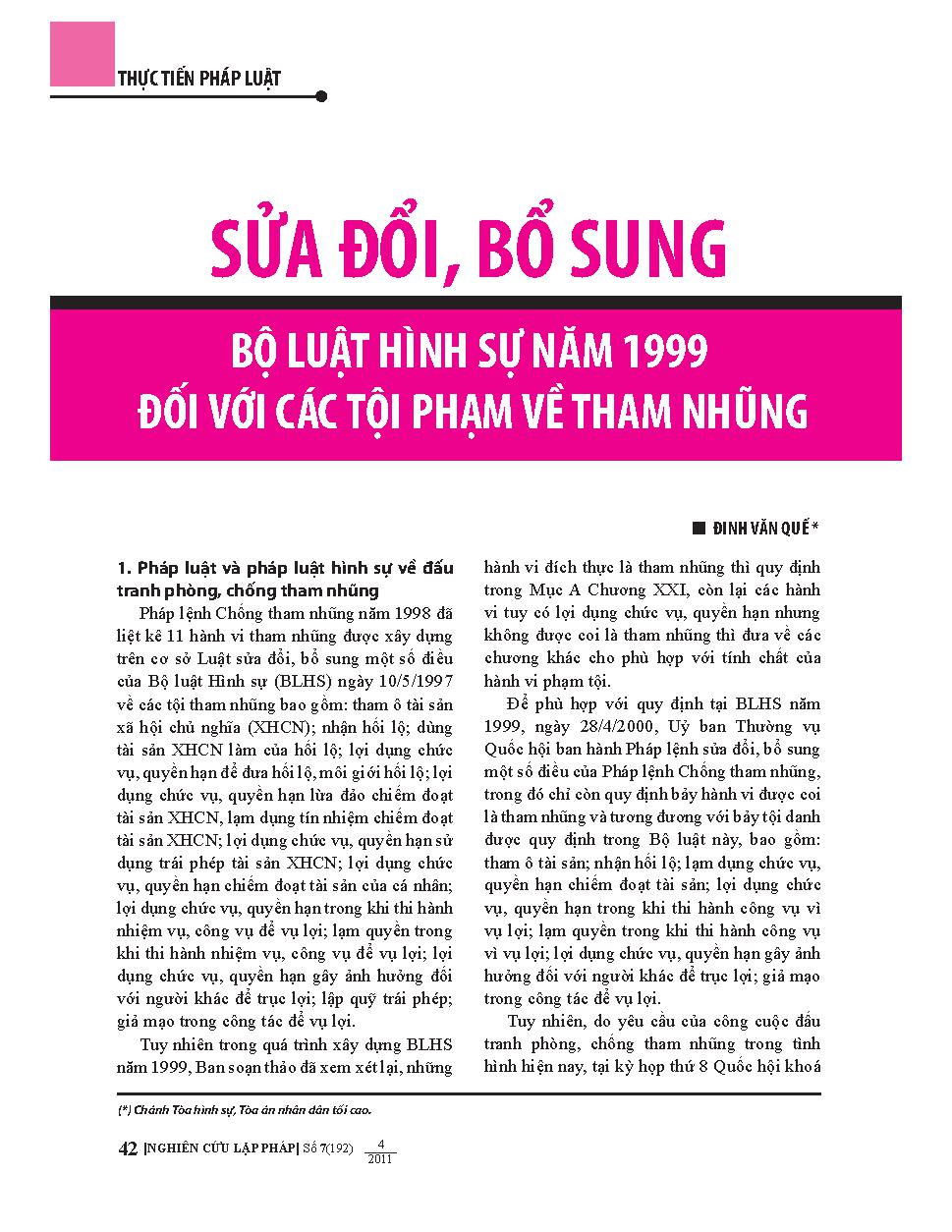 Sửa đổi, bổ sung Bộ luật Hình sự năm 1999 đối với các tội phạm về tham nhũng