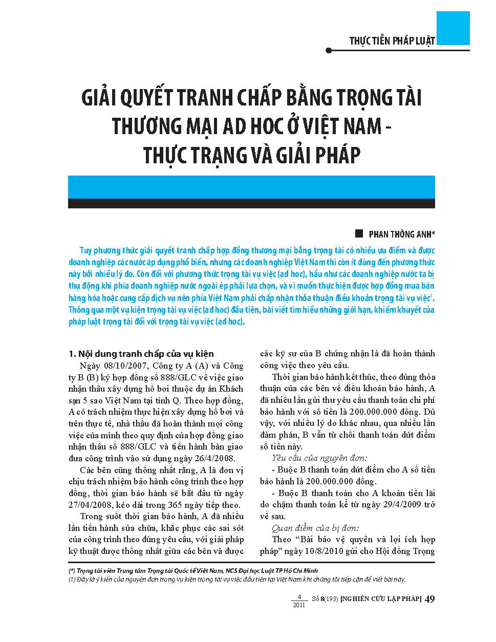 Giải quyết tranh chấp bằng Trọng tài thương mại Ad hoc ở Việt Nam - thực trạng và giải pháp