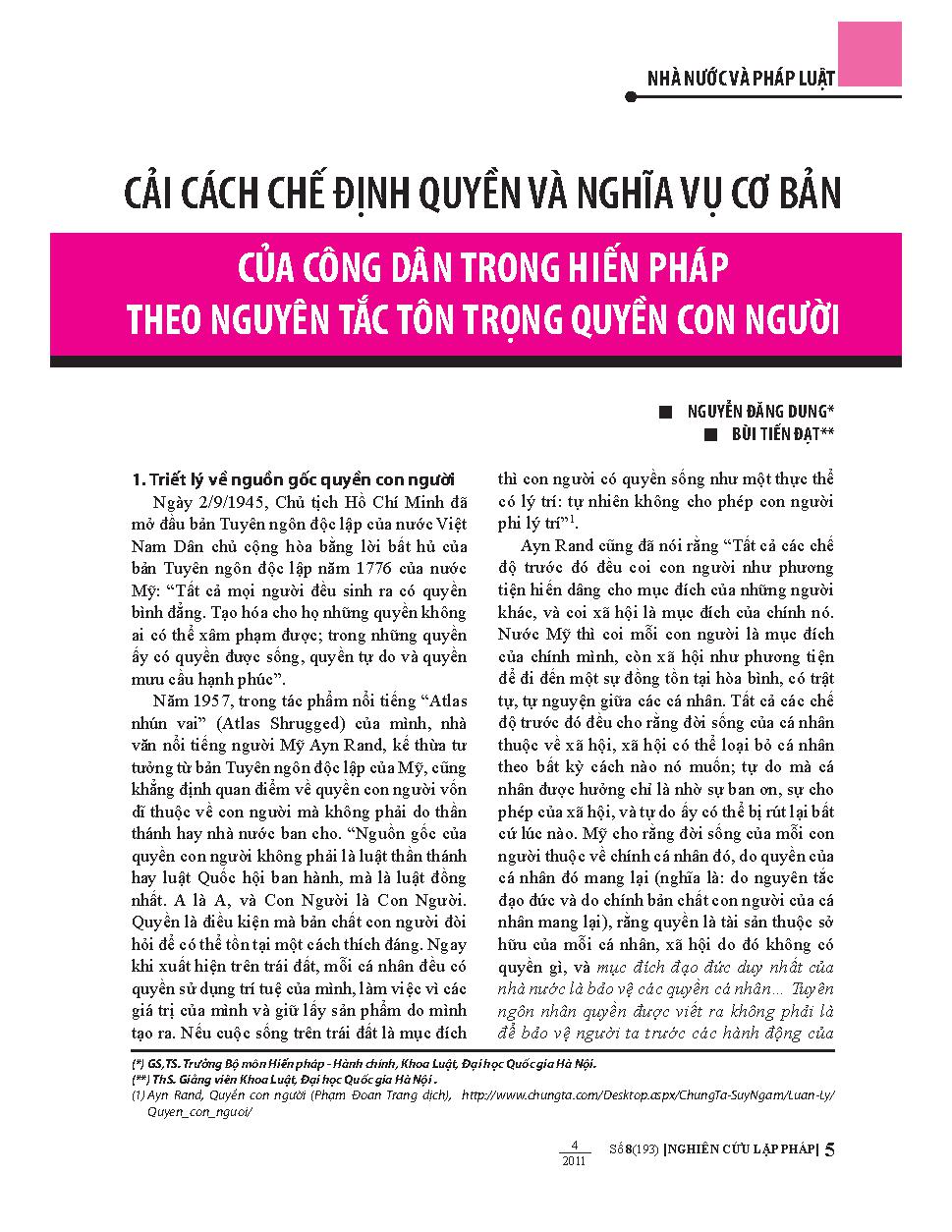 Cải cách chế định quyền và nghĩa vụ cơ bản của công dân trong Hiến pháp theo nguyên tắc tôn trọng quyền con người