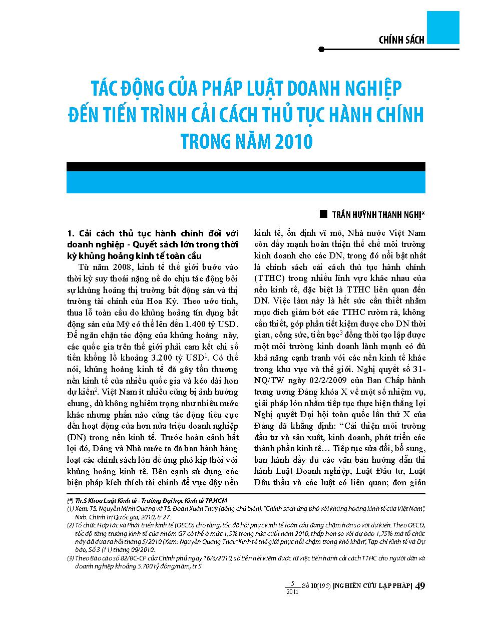 Tác động của pháp luật doanh nghiệp đến tiến trình cải cách thủ tục hành chính trong năm 2010