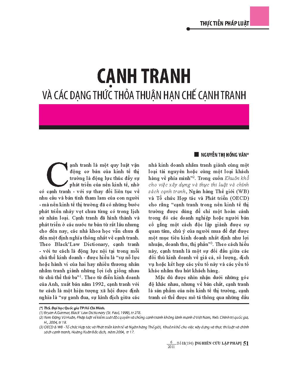 Cạnh tranh và các dạng thức thỏa thuận hạn chế cạnh tranh