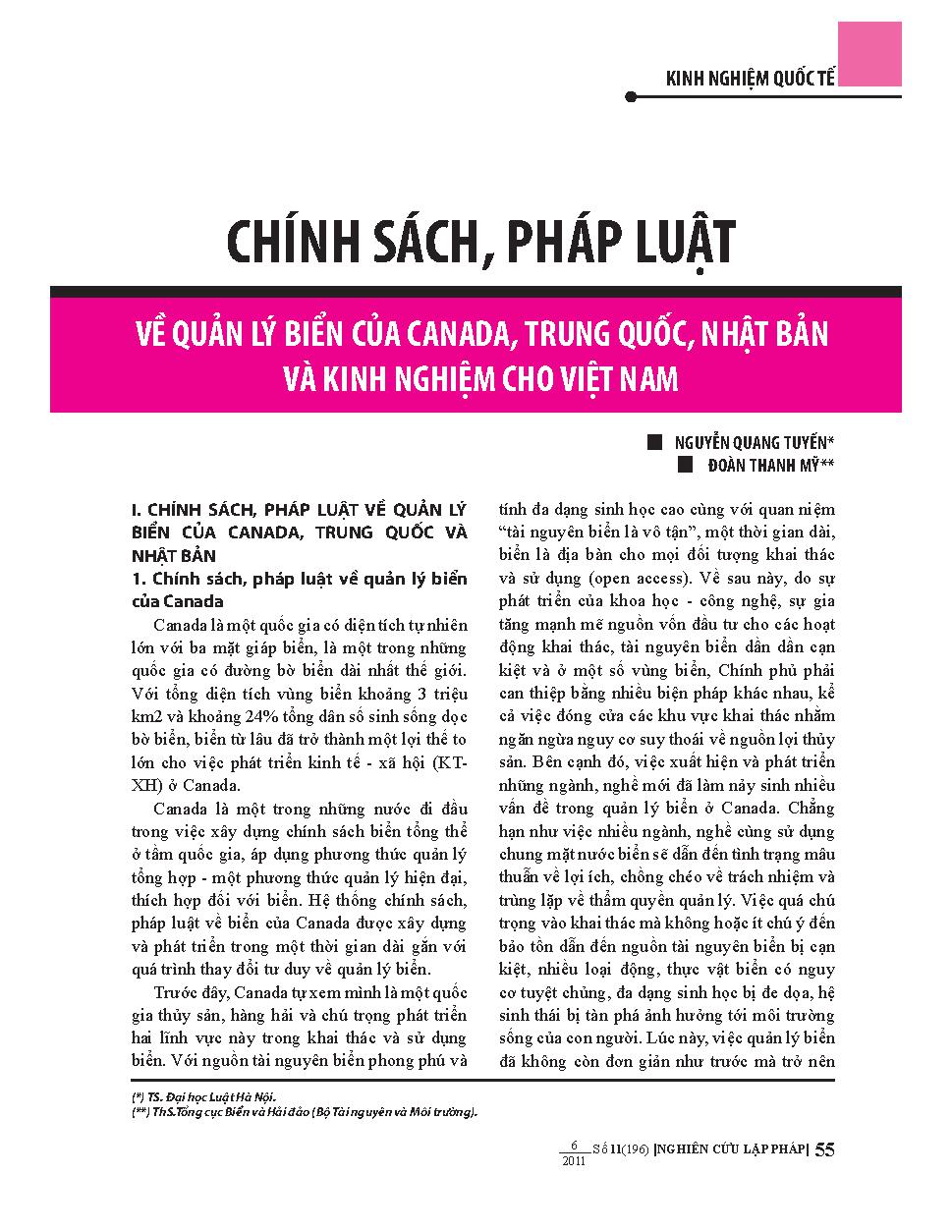 Chính sách, pháp luật về quản lý biển của Canada, Trung Quốc, Nhật Bản và kinh nghiệm cho Việt Nam