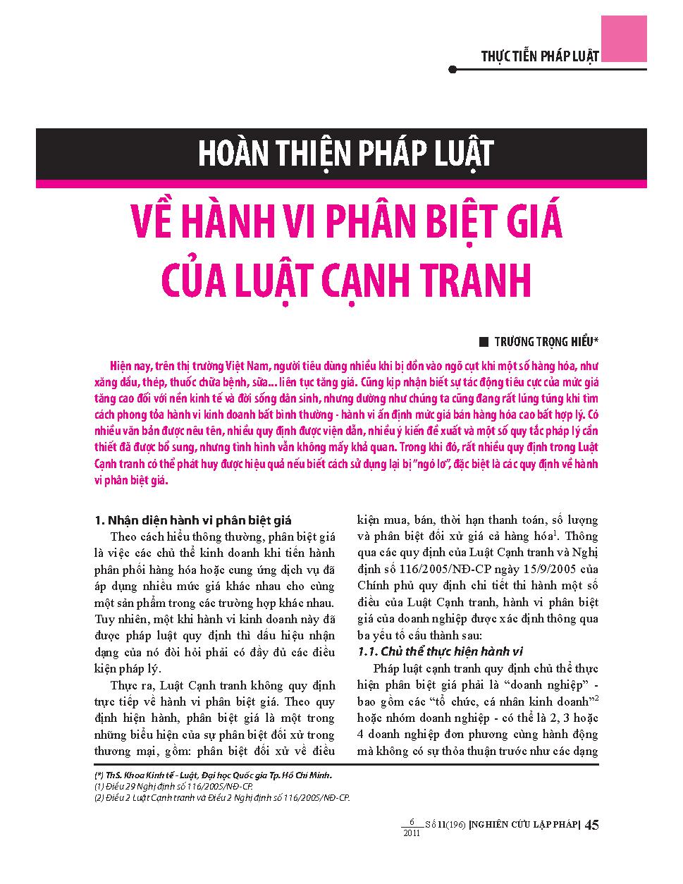 Hoàn thiện pháp luật về hành vi phân biệt giá của Luật cạnh tranh