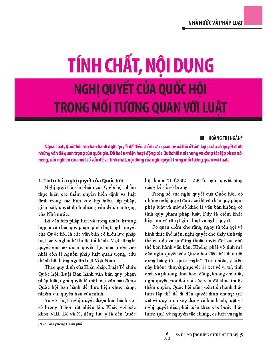 Tính chất, nội dung Nghị quyết của Quốc hội trong mối tương quan với luật