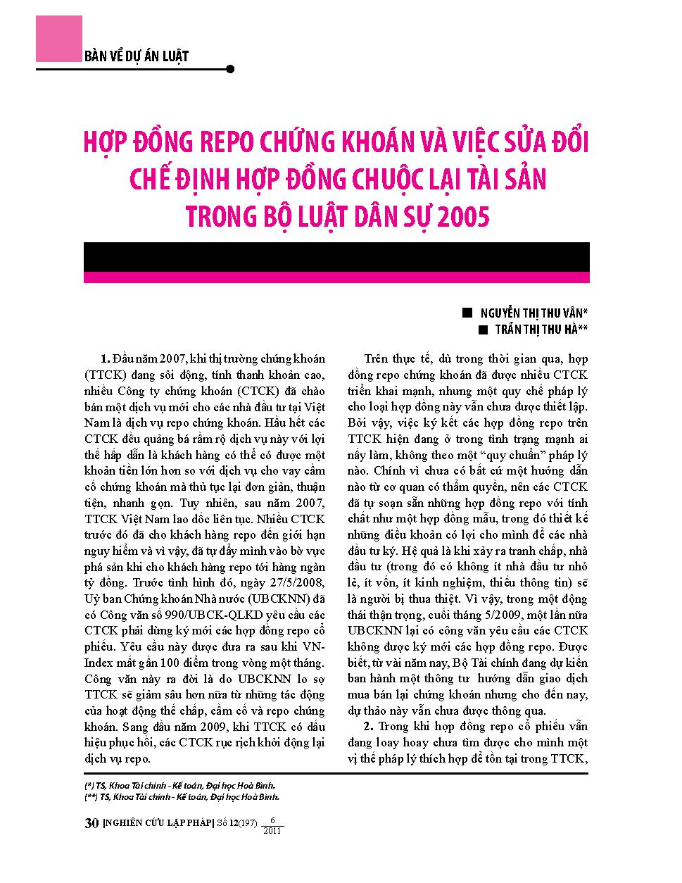 Hợp đồng Repo chứng khoán và viêc sửa đổi chế định hợp đồng chuộc lại tài sản trong Bộ Luật Dân sự 2005