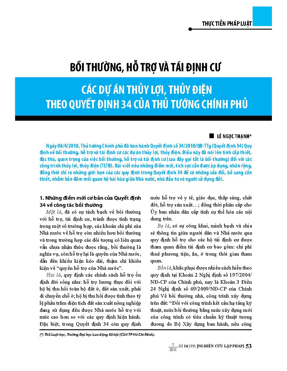 Bồi thường, hỗ trợ tái định cư các dự án thủy lợi, thủy điện theo quyết định 34 của Thủ tướng Chính phủ