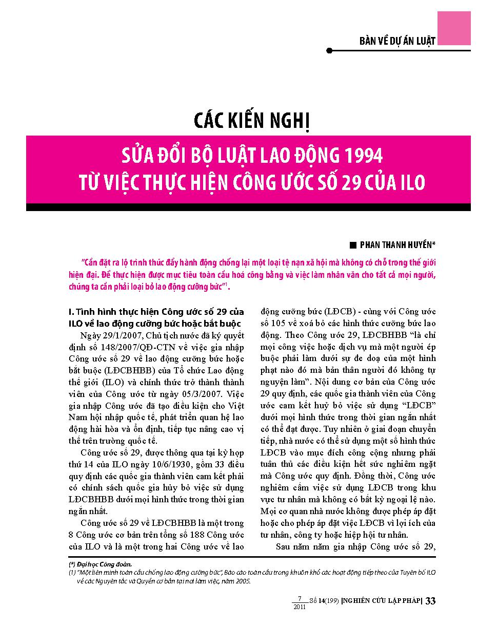 Các kiến nghị sửa đổi bộ luật lao động 1994 từ việc thực hiện công ước số 29 của ILO