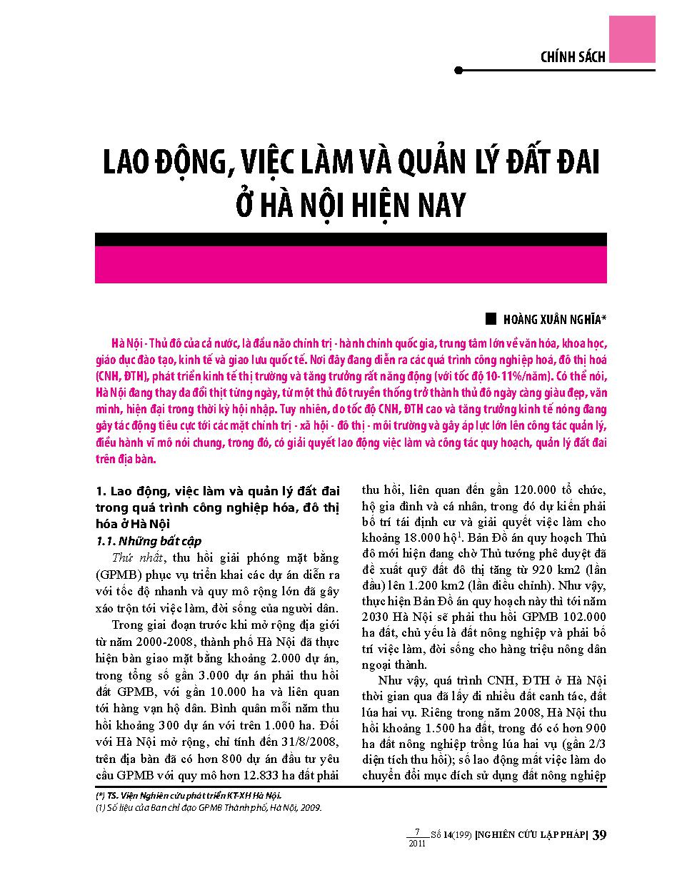 Lao động, việc làm và quản lý đất đai ở Hà Nội hiện nay