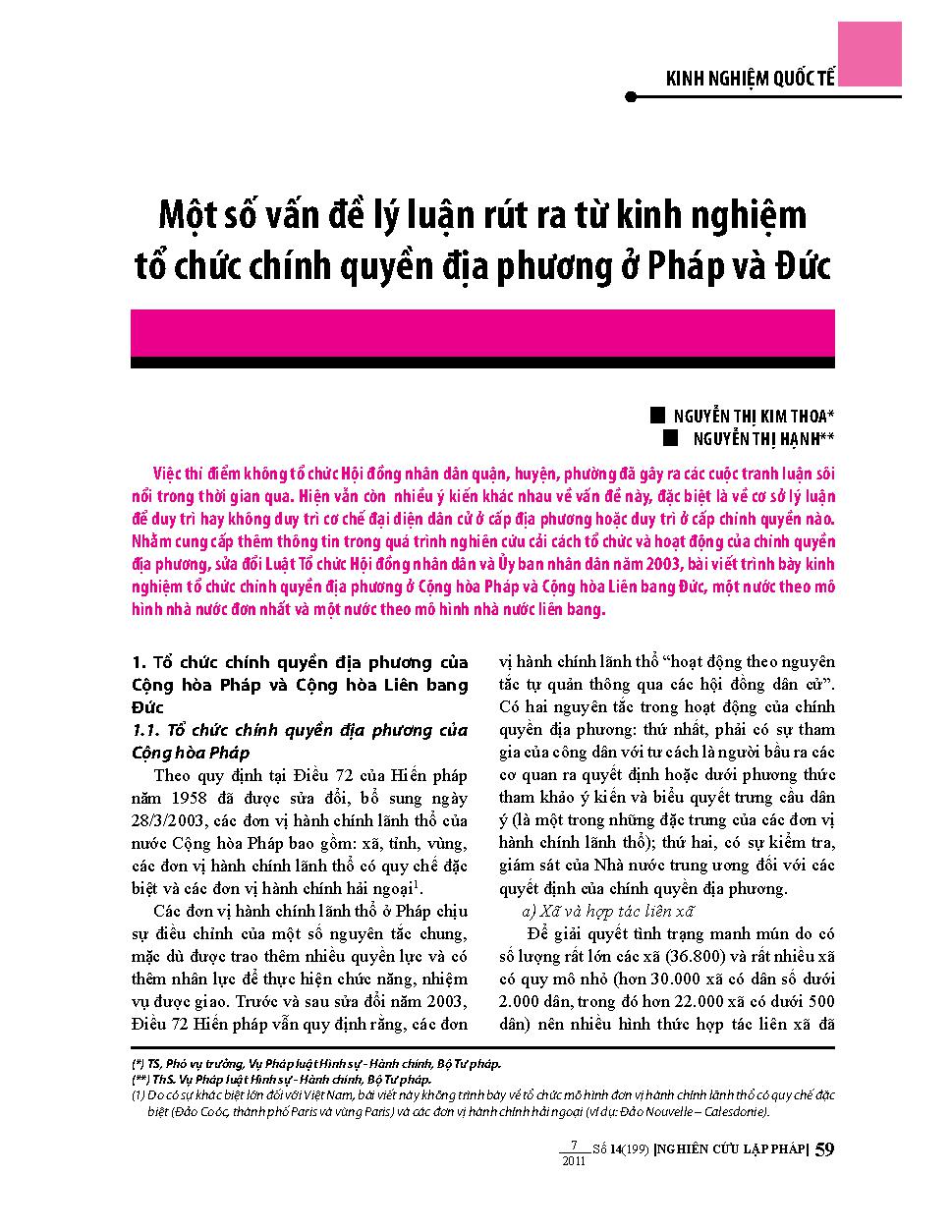 Một số vấn đề lý luận rút ra từ kinh nghiệm tổ chức chính quyền địa phương ở Pháp và Đức