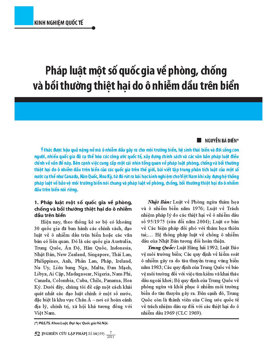 Pháp luật một số quốc gia về phòng, chống và bồi thường thiệt hại do ô nhiễm dầu trên biển