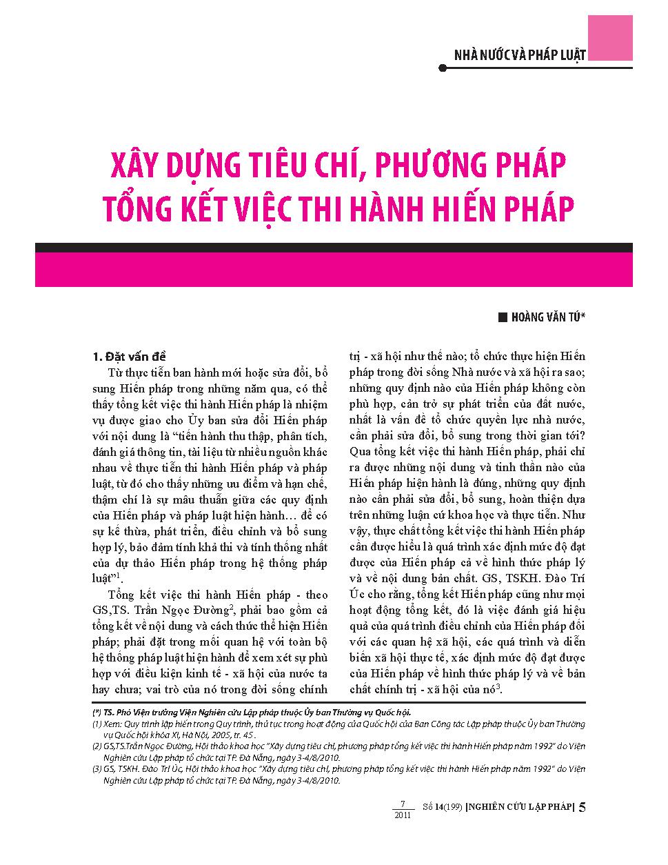 Xây dựng tiêu chí, phương pháp tổng kết việc thi hành hiến pháp