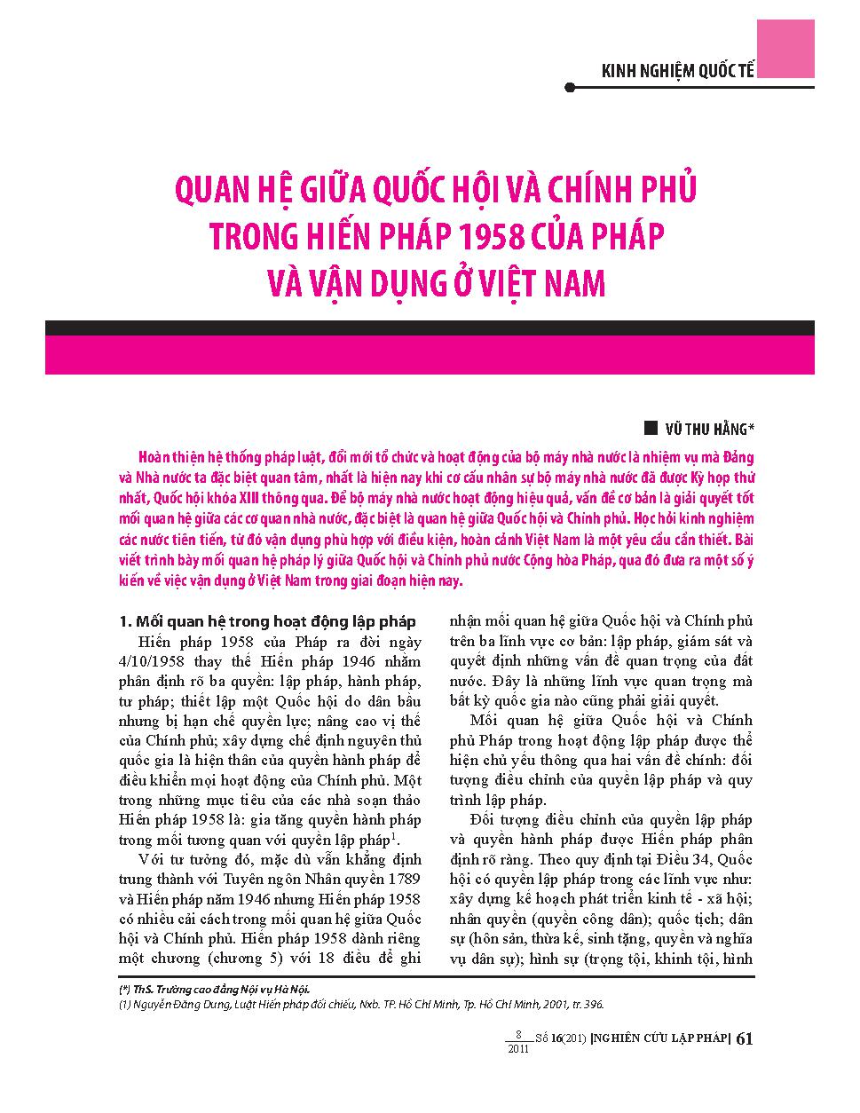 Quan hệ giữa quốc hội và chính phủ trong hiến pháp 1958 của Pháp và vận dụng ở Việt Nam