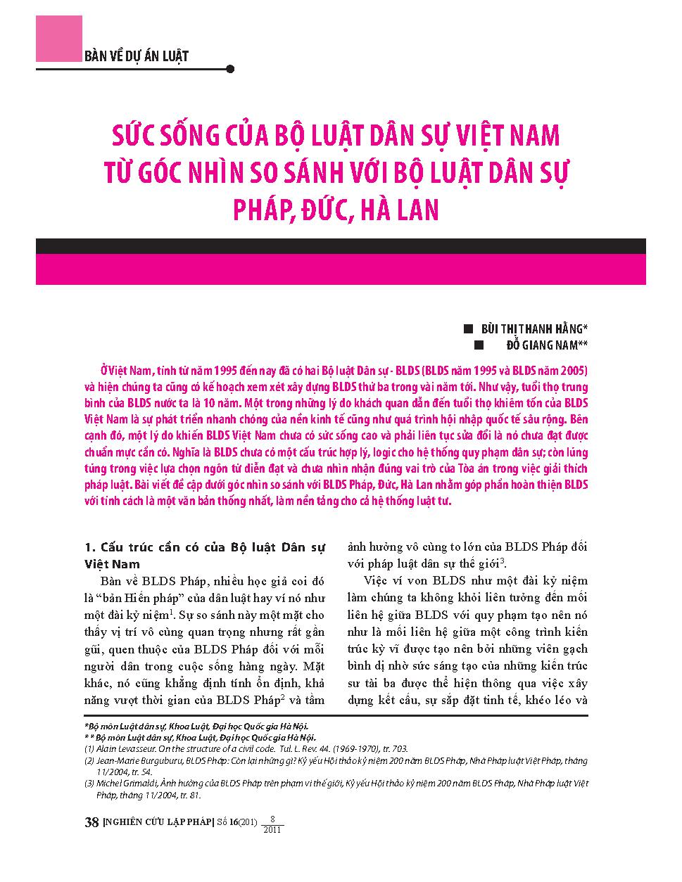 Sức sống của bộ luật dân sự Việt Nam từ góc nhìn so sánh với bộ luật dân sự Pháp, Đức, Hà Lan