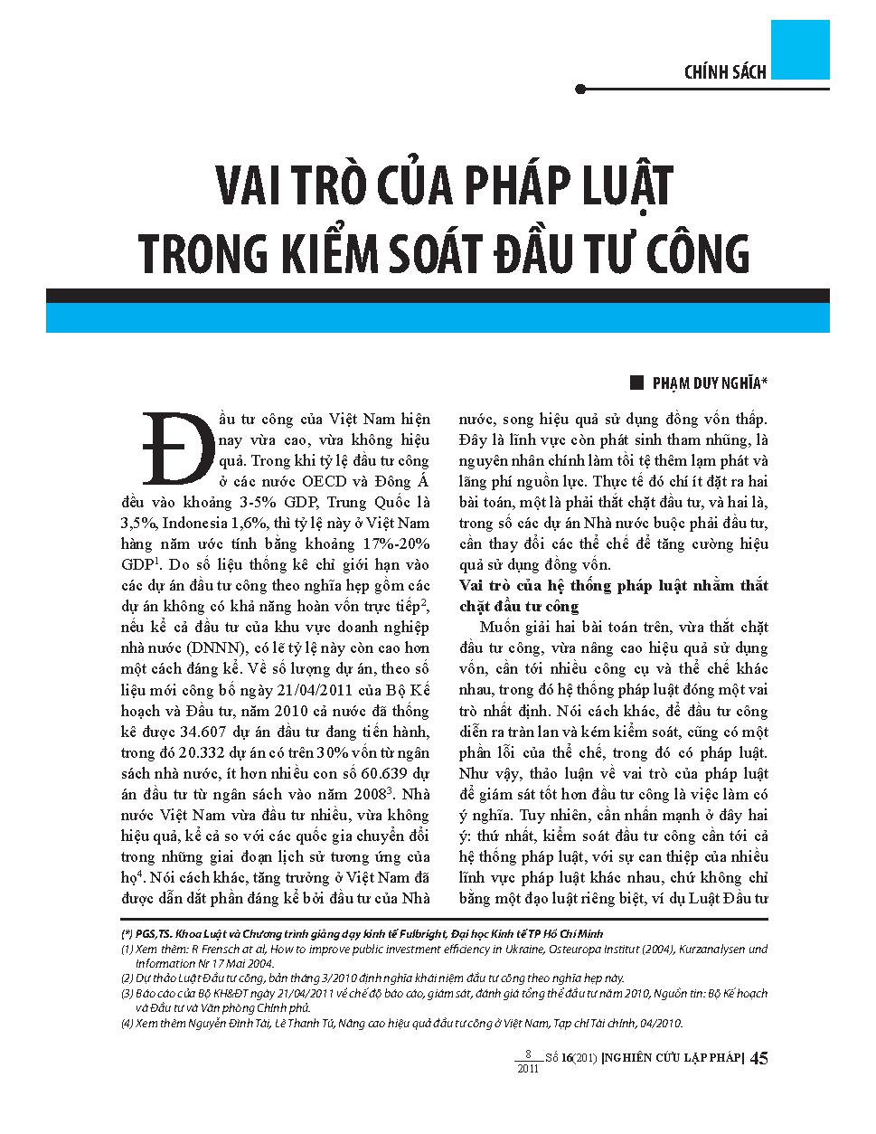 Vai trò của pháp luật trong kiểm soát đầu tư công