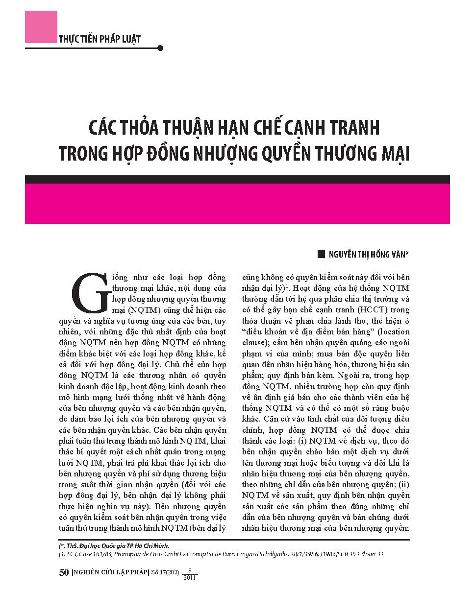 Các thỏa thuận hạn chế cạnh tranh trong hợp đồng nhượng quyền thương mại