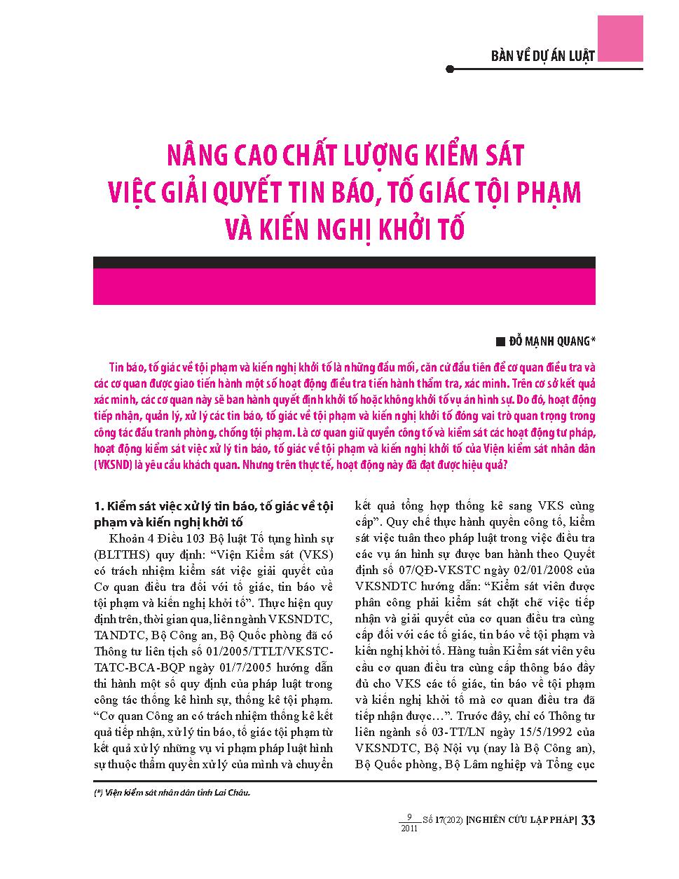 Nâng cao chất lượng kiểm sát việc giải quyết tin báo, tố giác tội phạm và kiến nghị khởi tố