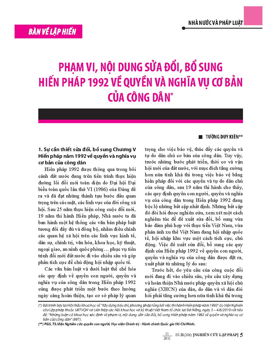 Phạm vi, nội dung sửa đổi, bổ sung hiến pháp 1992 về quyền và nghĩa vụ cơ bản của công dân