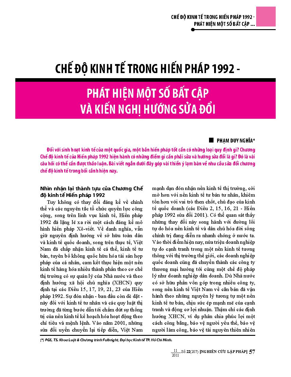 Chế độ kinh tế trong hiến pháp 1992 - phát hiện một số bất cập và kiến nghị hướng sửa đổi