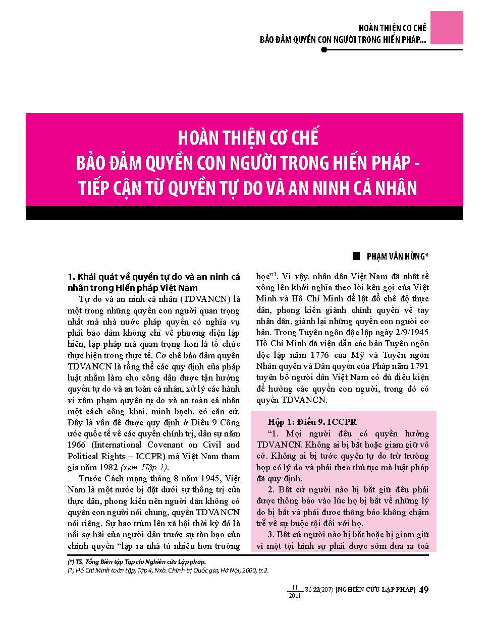 Hoàn thiện cơ chế đảm bảo quyền con người trong hiến pháp - tiếp cận từ quyền tự do và an ninh quốc gia