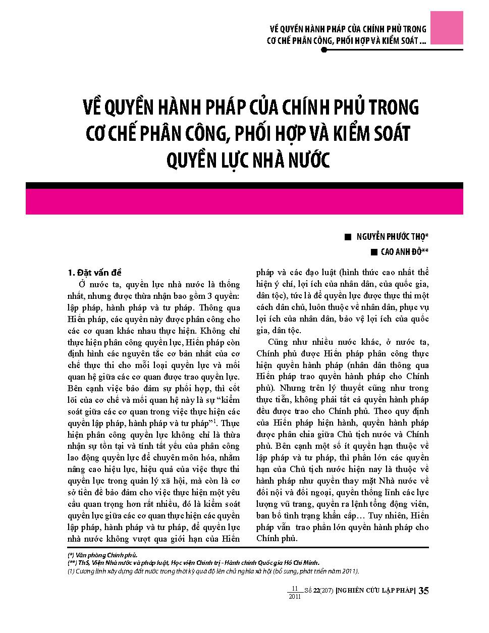 Về quyền hành pháp của chính phủ trong cơ chế phân công, phối hợp và kiểm soát quyền lực nhà nước