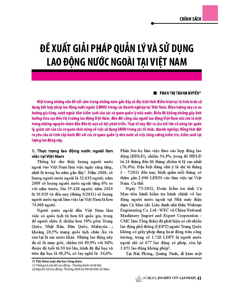 Đề xuất giải pháp quản lý và sử dụng lao động nước ngoài tại Việt Nam