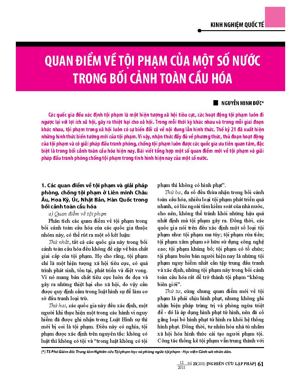 Quan điểm về tội phạm của một số nước trong bối cảnh toàn cầu hóa