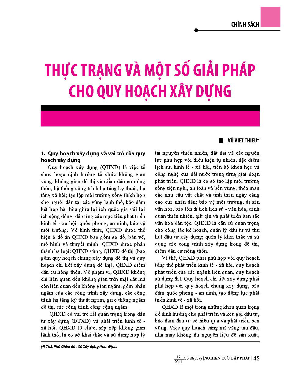 Thực trạng và một số giải pháp cho quy hoạch xây dựng