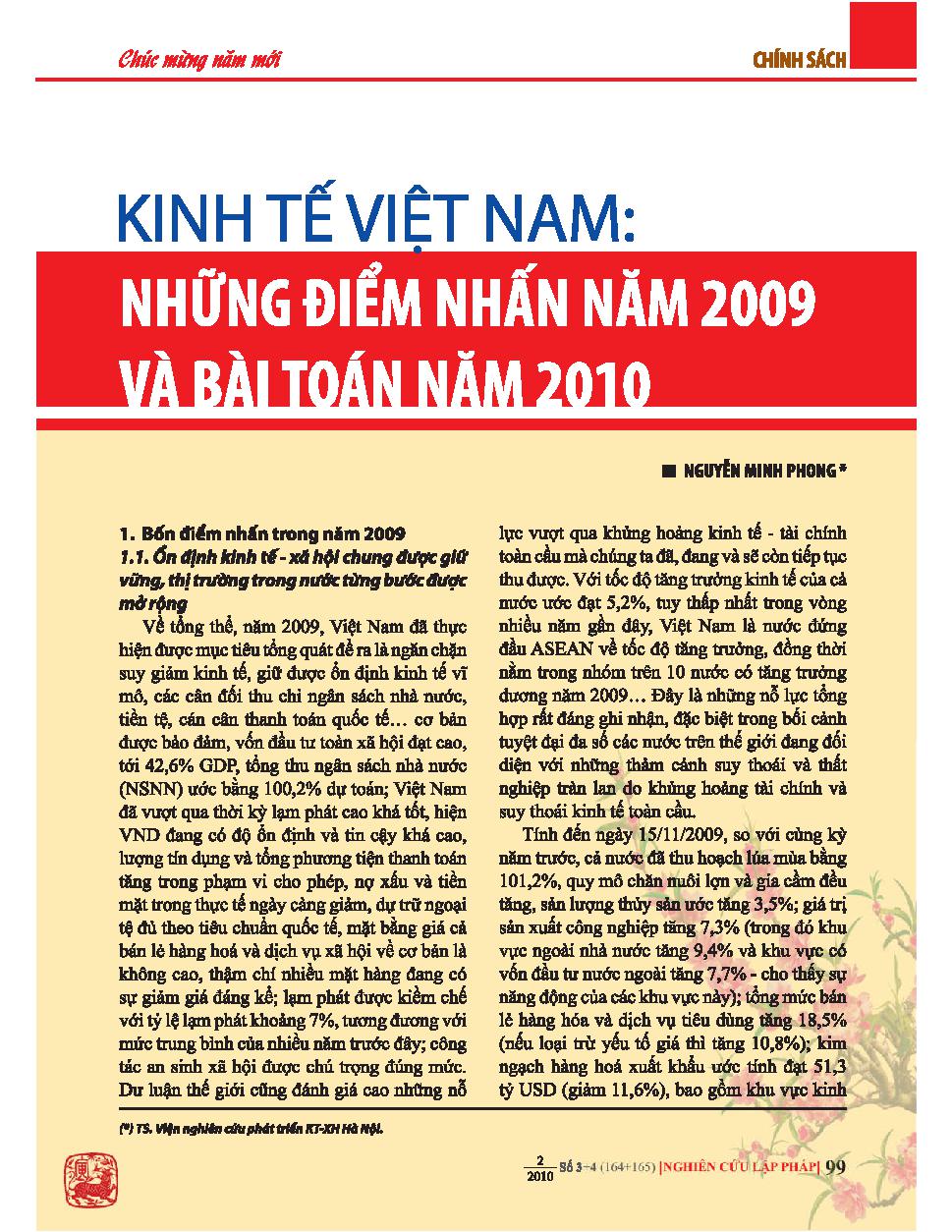 Kinh tế Việt Nam: Những điểm nhấn năm 2009 và bài toán năm 2010