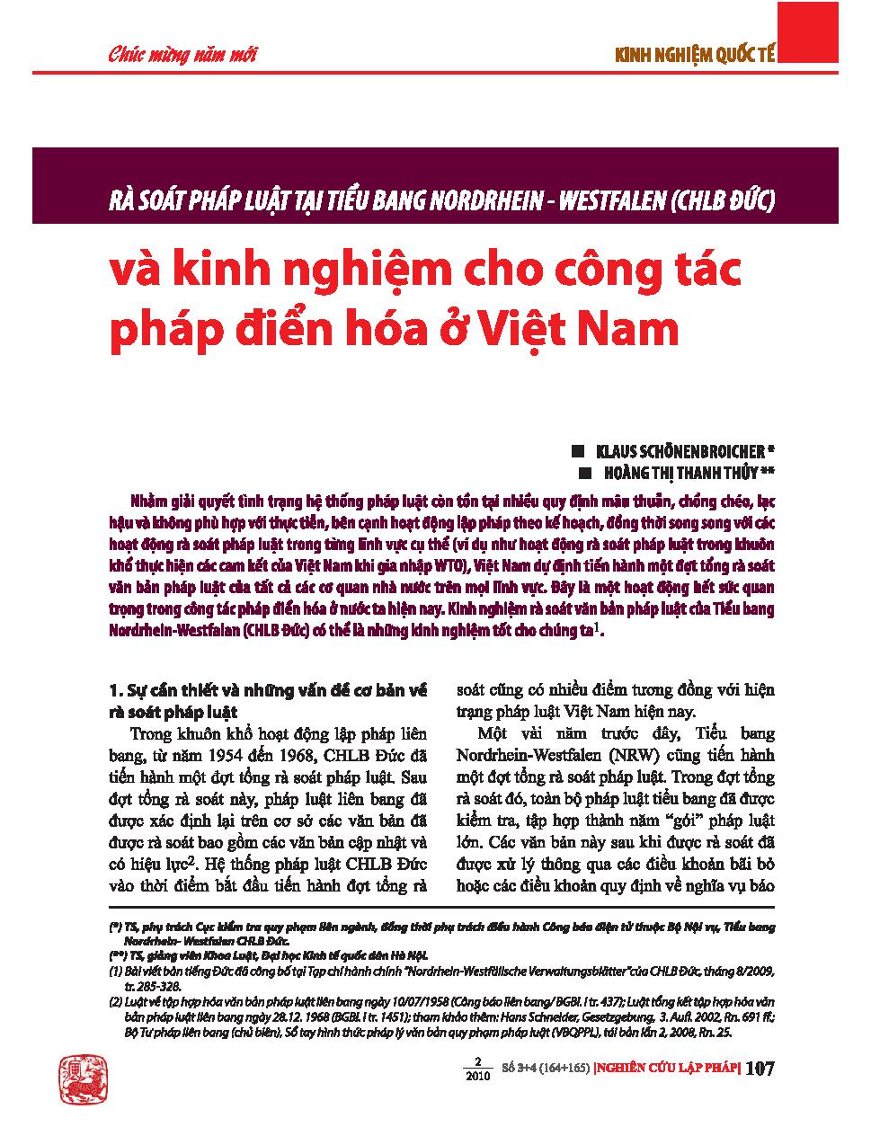Rà soát Pháp Luật tại Tiểu bang Nordrhein-Westfalen (CHLB Đức) và kinh nghiệm cho công tác pháp điển hóa ở Việt Nam