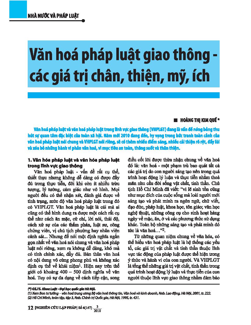 Văn hóa pháp luật giao thông-các giá trị chân, thiện, mỹ, ích