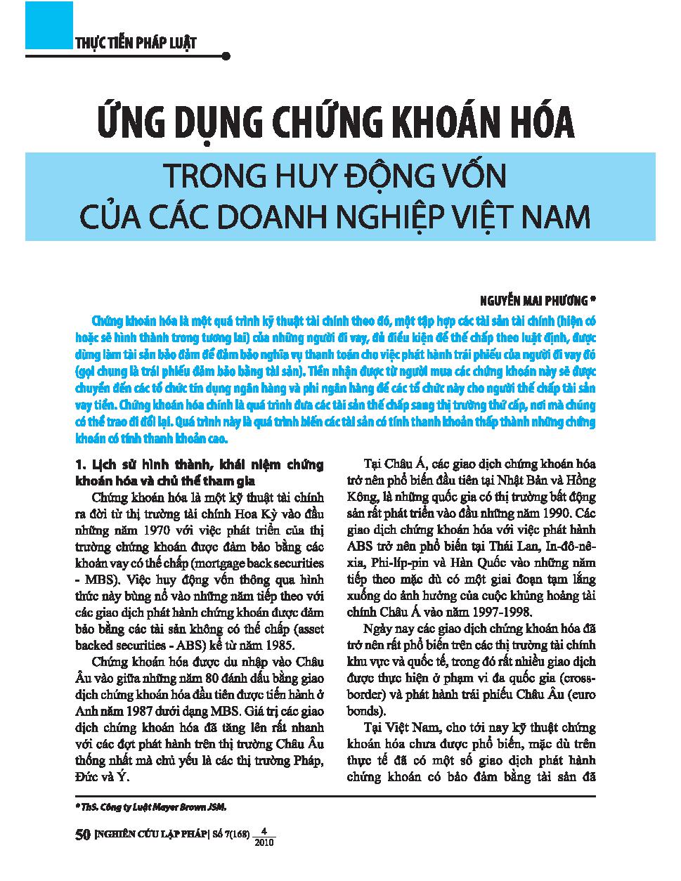 Ứng dụng chứng khoán hóa trong huy động vốn của các doanh nghiệp Việt Nam