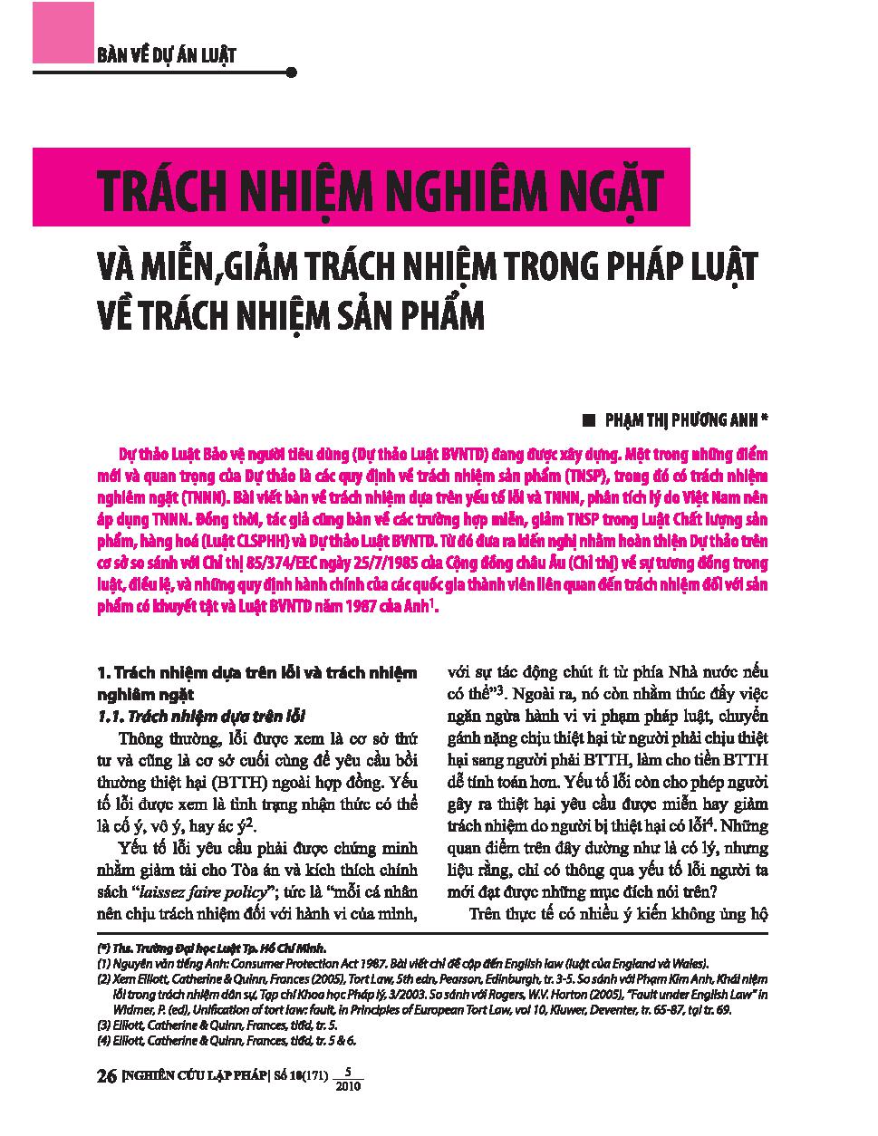 Trách nhiệm nghiêm ngặt và miễn,  giảm trách nhiệm trong pháp luật về  trách nhiệm sản phẩm