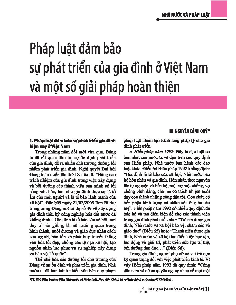 Pháp luật đảm bảo sự phát triển của gia đình ở Việt Nam và một số giải pháp hoàn thiện