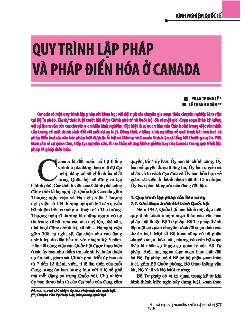 Quy trình lập pháp và pháp điển hóa ở Canada