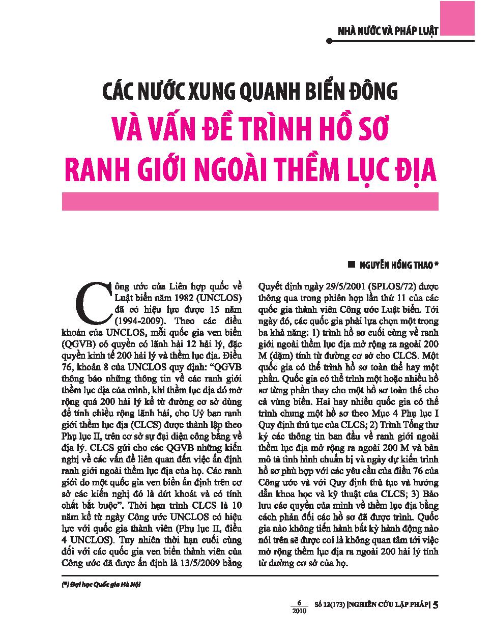 Các nước xung quanh biển đông và vấn đề trình hồ sơ ranh giới ngoài thềm lục địa