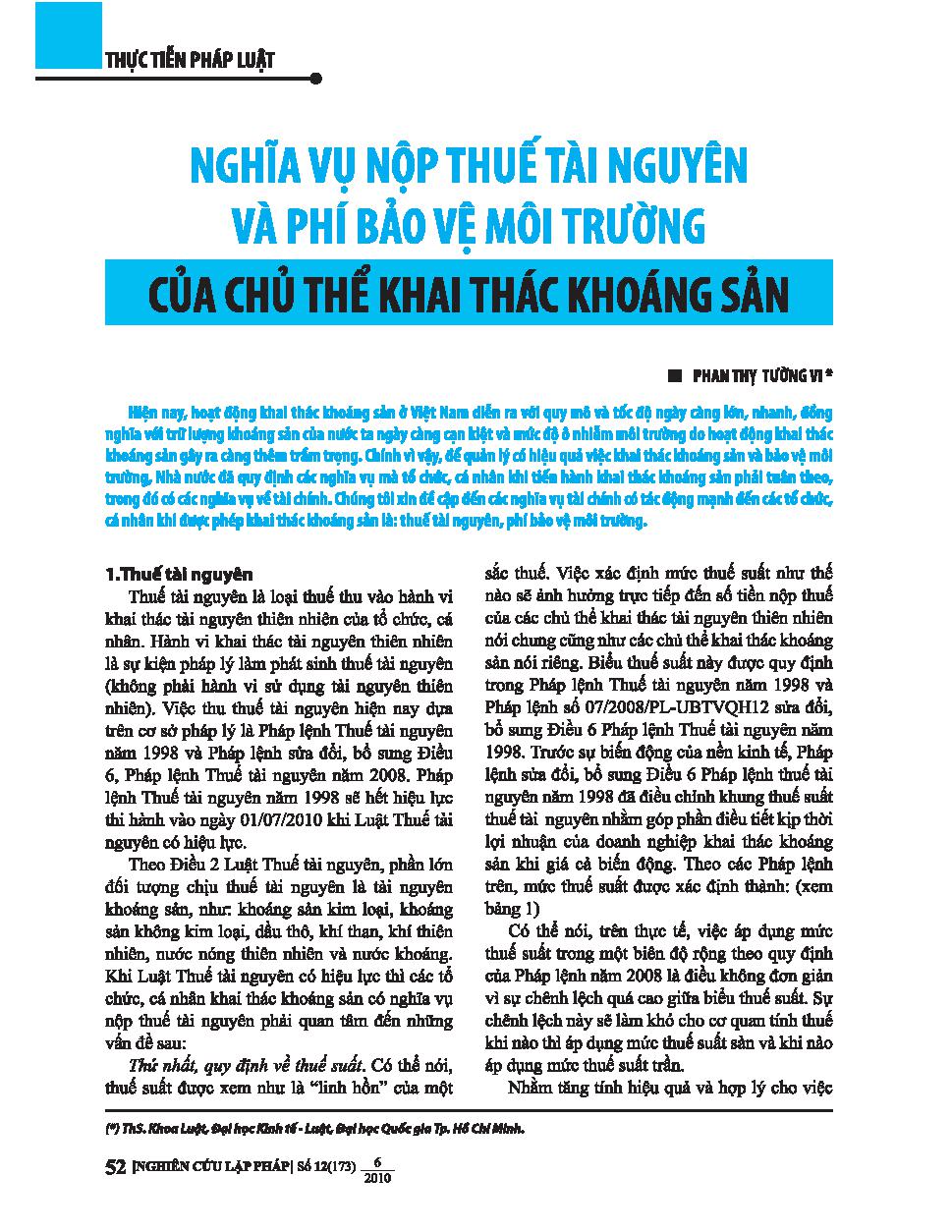 Nghĩa vụ nộp thuế tài nguyên và phí bảo vệ môi trường của chủ thể khai thác khoáng sản