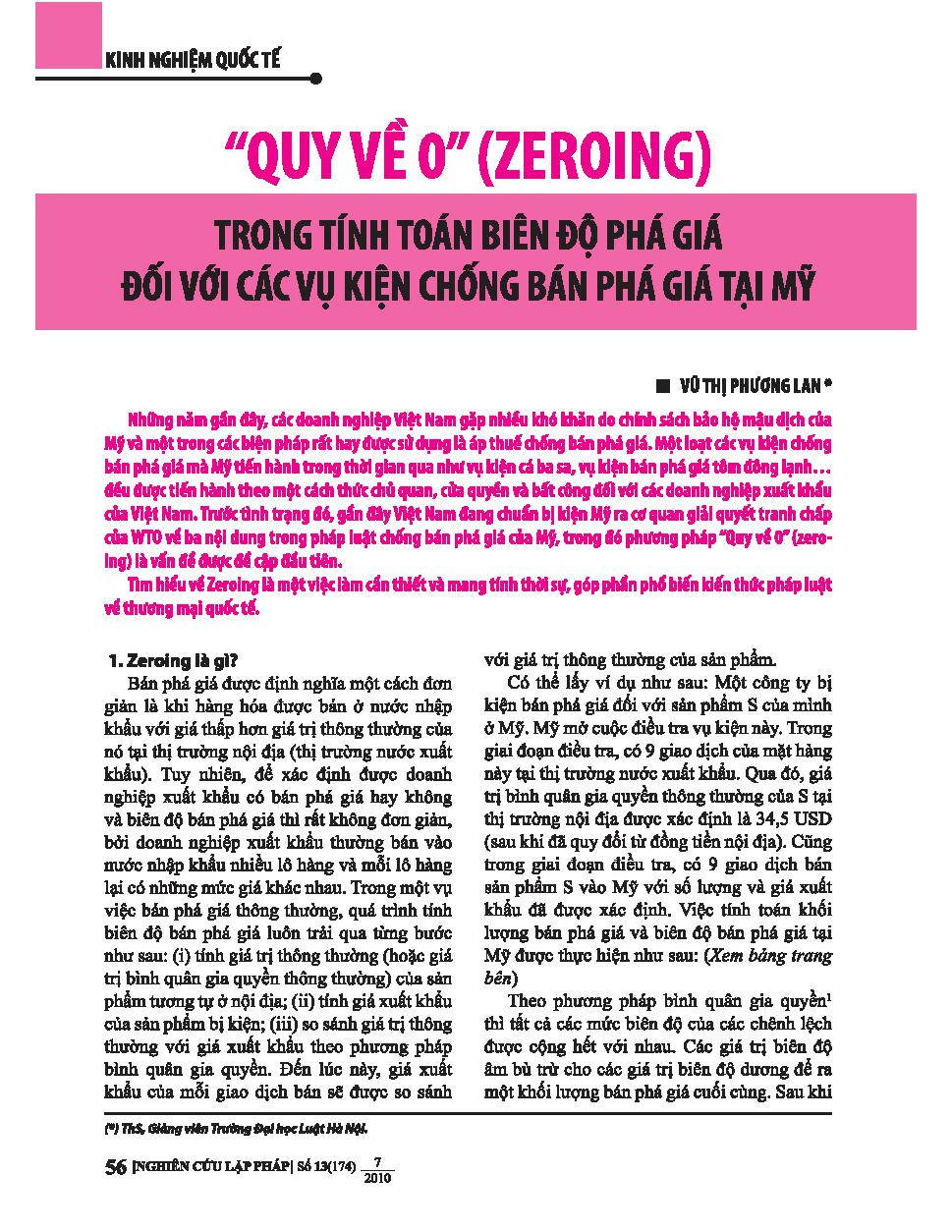 Quy về o (zeroing) trong tính toán biên độ phá giá đối với các vụ kiện chống bán phá giá tại Mỹ