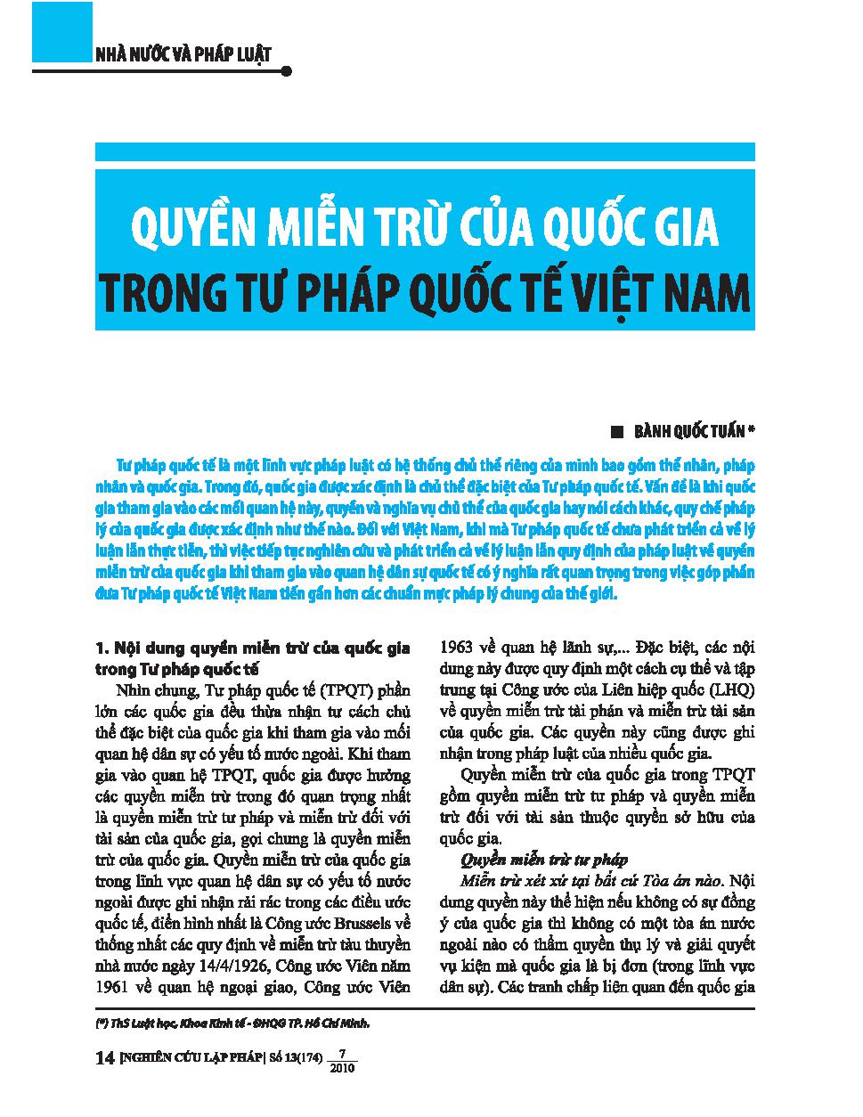 Quyền miễn trừ của quốc gia trong tư pháp quốc tế Việt Nam