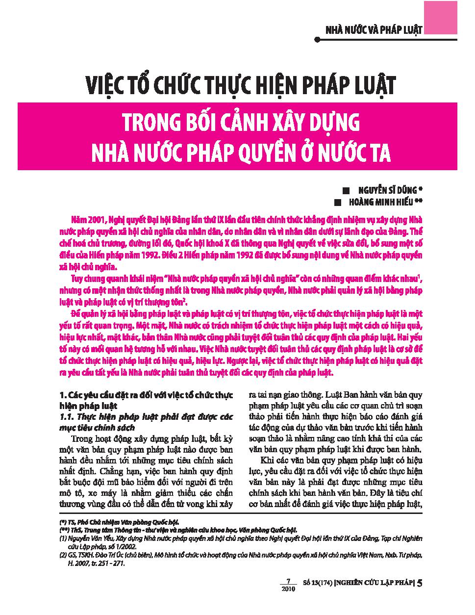 Việc tổ chức thực hiện pháp luật trong bối cảnh xây dựng Nhà nước pháp quyền ở nước ta