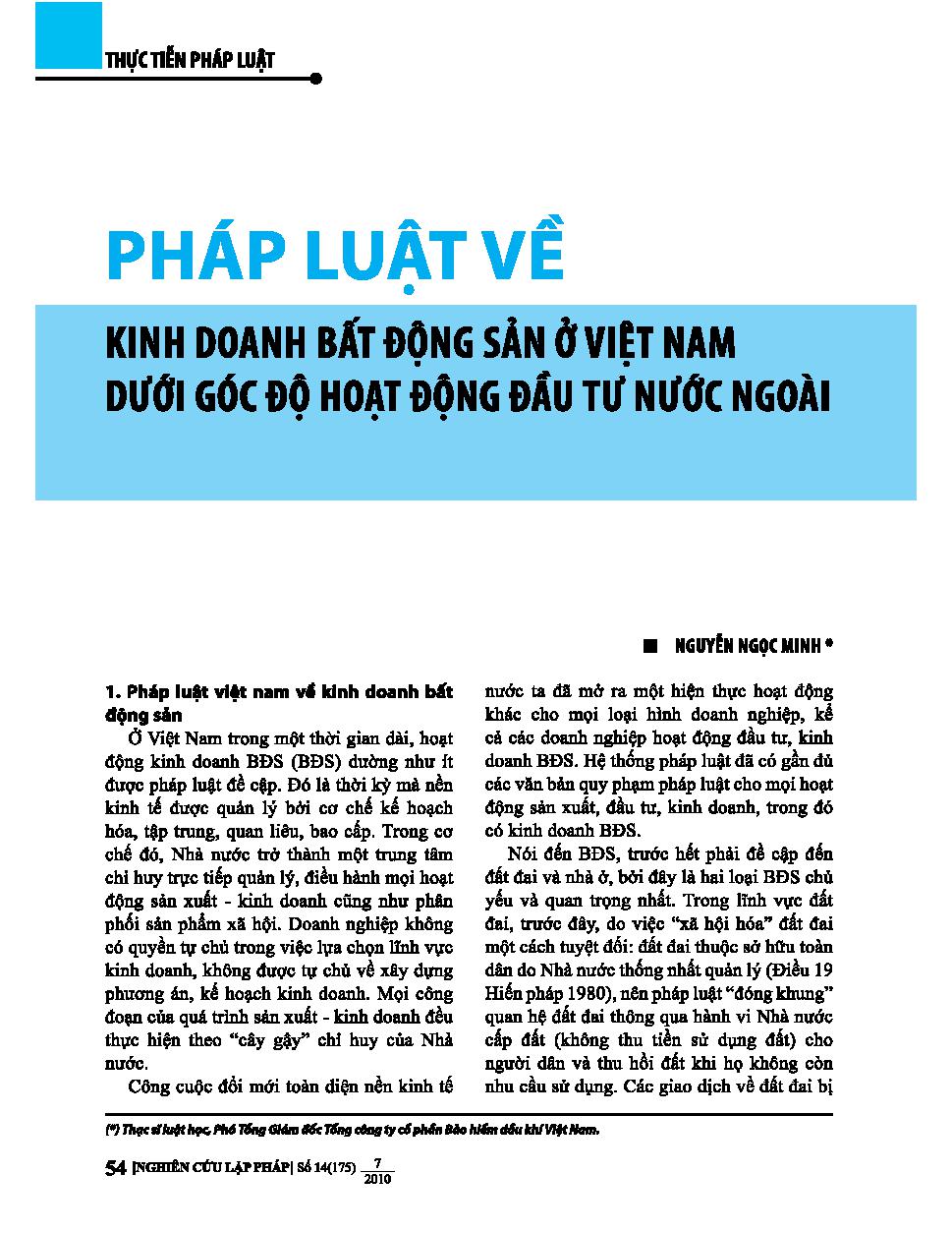 Pháp luật về kinh doanh bất động sản ở Việt Nam dưới góc độ hoạt động đầu tư nước ngoài