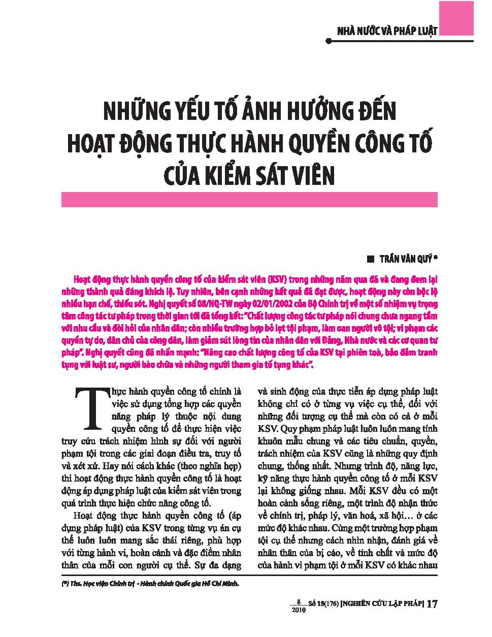 Những yếu tố ảnh hưởng đến hoạt động thực hành quyền công tố của kiểm sát viên