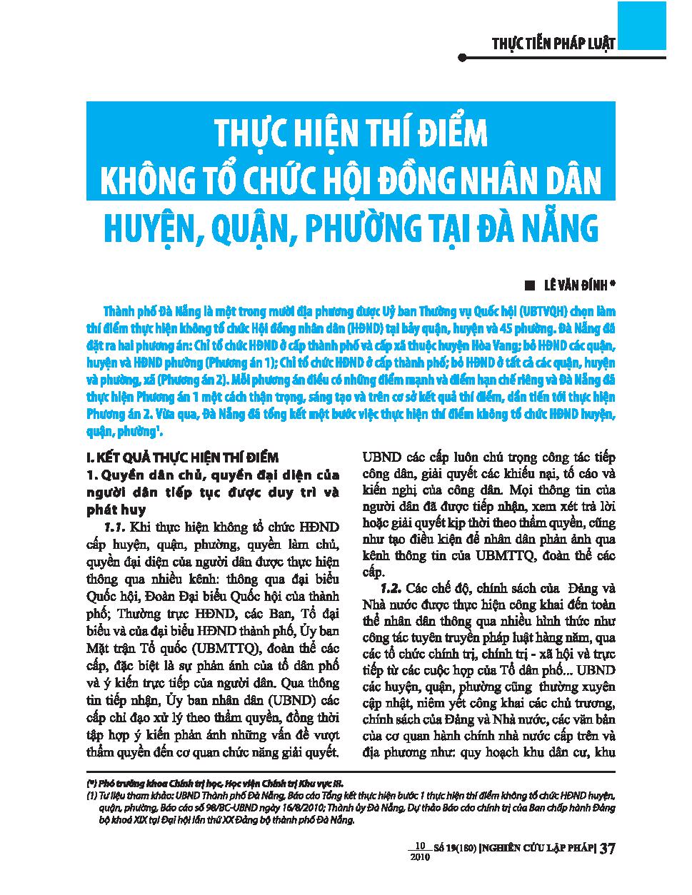 Thực hiện thí điểm không tổ chức hội đồng nhân dân huyện, quận, phường tại Đà Nẵng