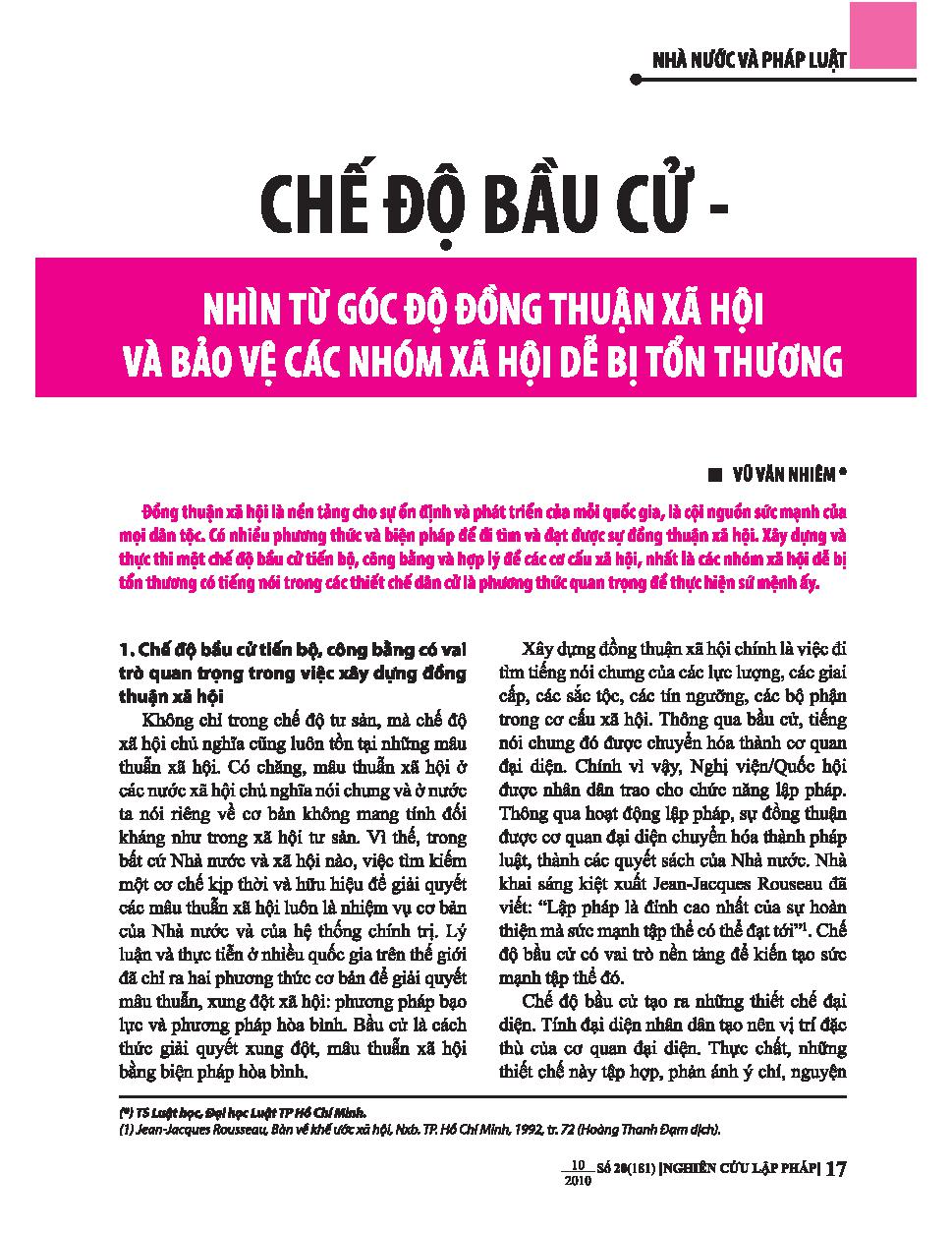 Chế độ bầu cử - nhìn từ gốc độ đồng thuận xã hội và bảo vệ các nhóm xã hội dễ bị tổn thương