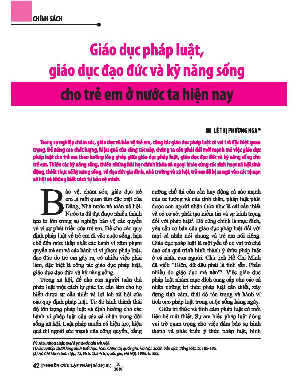 Giáo dục pháp luật, giáo dục đạo đức và kĩ năng sống cho trẻ em ở nước ta hiện nay