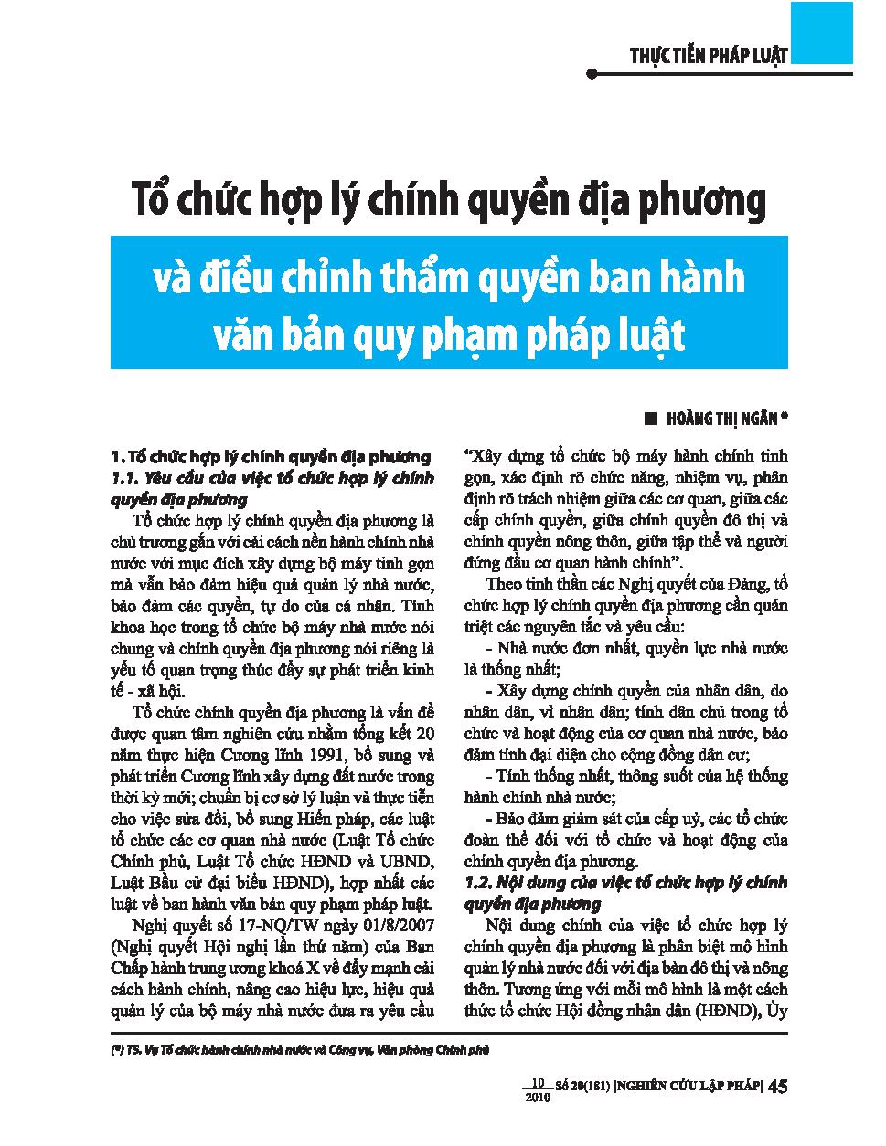 Tổ chức hợp lý chính quyền địa phương và điều chỉnh thẩm quyền ban hành văn bản quy phạm pháp luật